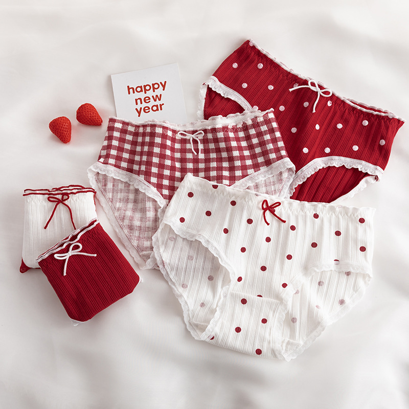 5pcs Cute Women's Underwear Red Point Briefs for Girls Bowknot Plaid Female Panties Comfort Seamless Ladies Lingerie Mid Waist Pantys