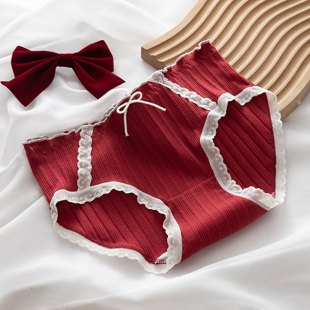 5pcs Cute Women's Underwear Red Point Briefs for Girls Bowknot Plaid Female Panties Comfort Seamless Ladies Lingerie Mid Waist Pantys