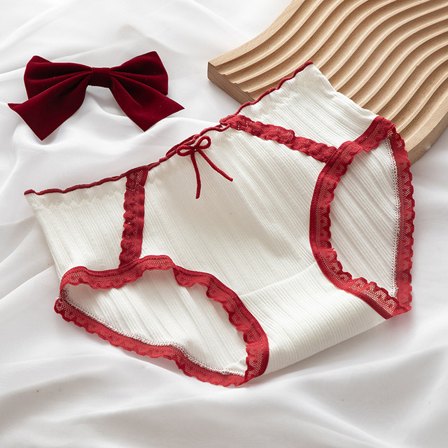 5pcs Cute Women's Underwear Red Point Briefs for Girls Bowknot Plaid Female Panties Comfort Seamless Ladies Lingerie Mid Waist Pantys