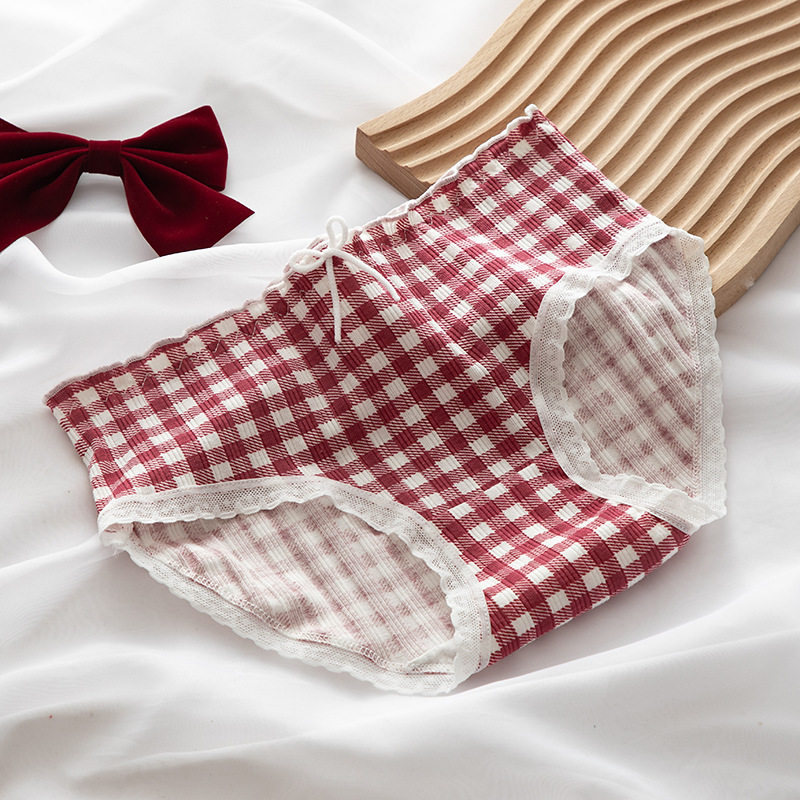 5pcs Cute Women's Underwear Red Point Briefs for Girls Bowknot Plaid Female Panties Comfort Seamless Ladies Lingerie Mid Waist Pantys