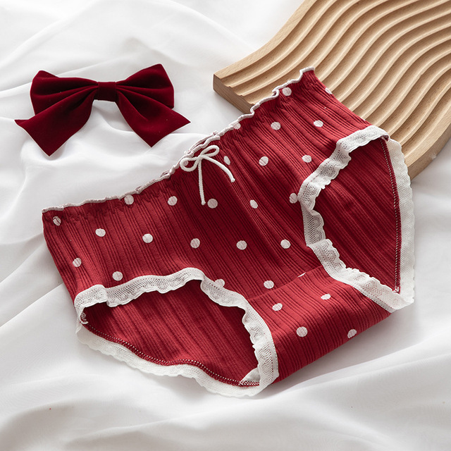 5pcs Cute Women's Underwear Red Point Briefs for Girls Bowknot Plaid Female Panties Comfort Seamless Ladies Lingerie Mid Waist Pantys