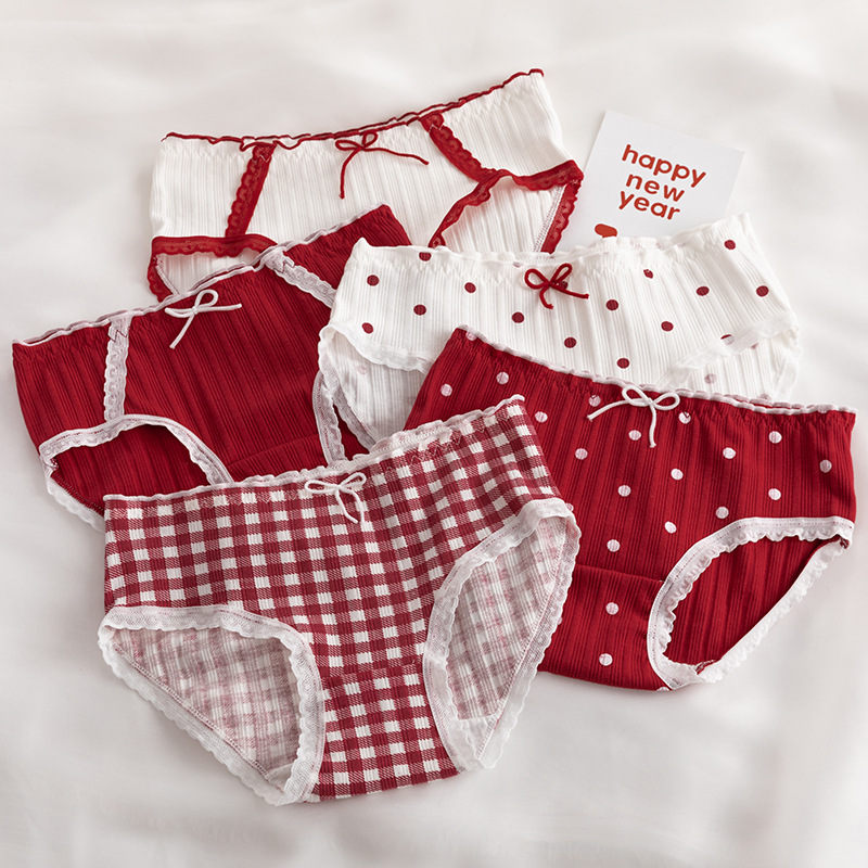5pcs Cute Women's Underwear Red Point Briefs for Girls Bowknot Plaid Female Panties Comfort Seamless Ladies Lingerie Mid Waist Pantys