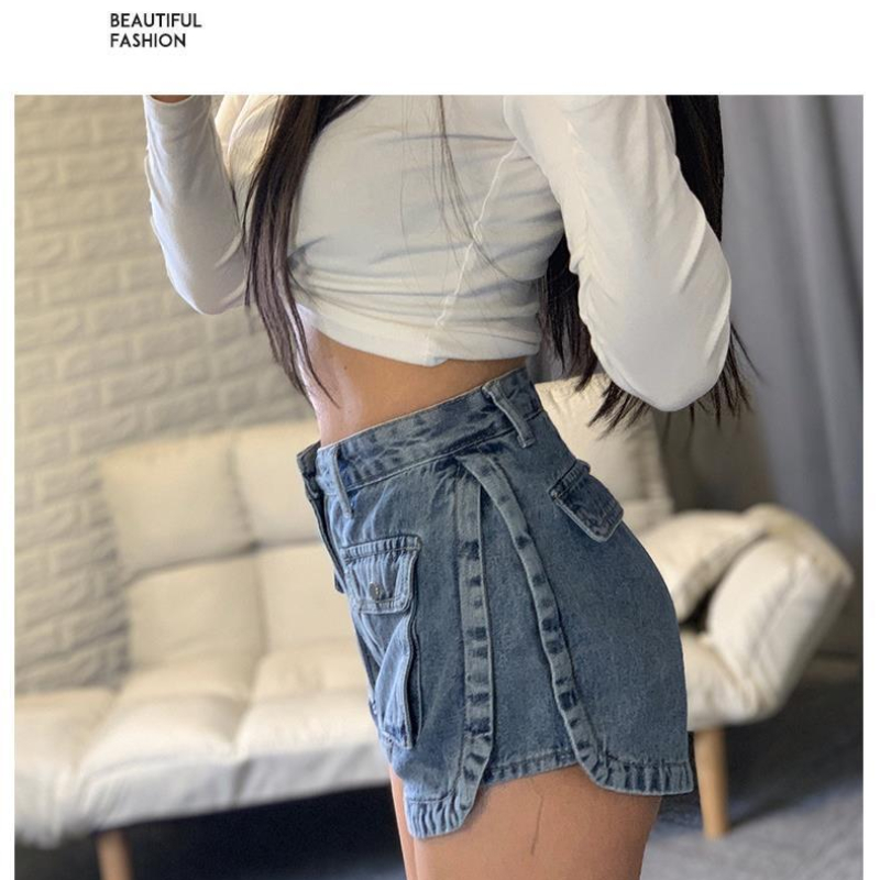 1pc Small Pocket Wash High Waist Denim Shorts Women's Spring And Summer New Korean Slim Short Jeans Feminino