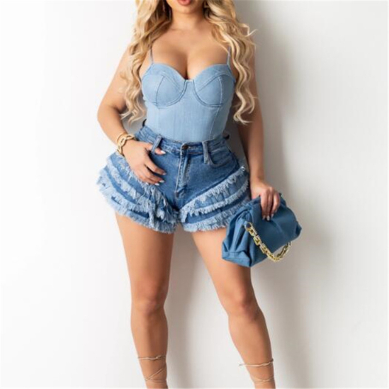 1pc Women Shorts Denim Tassels Hems with Pockets Leisure Trousers for Female Jeans Female Hot Sale Ruffles Ladies Outfit