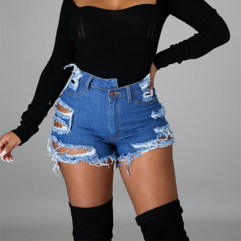 1pc Hot Sale Summer Womens Sexy Hole High Waist Ripped Jeans Shorts Ladies Tassel Slim Casual Streetwear Shorts Jeans
