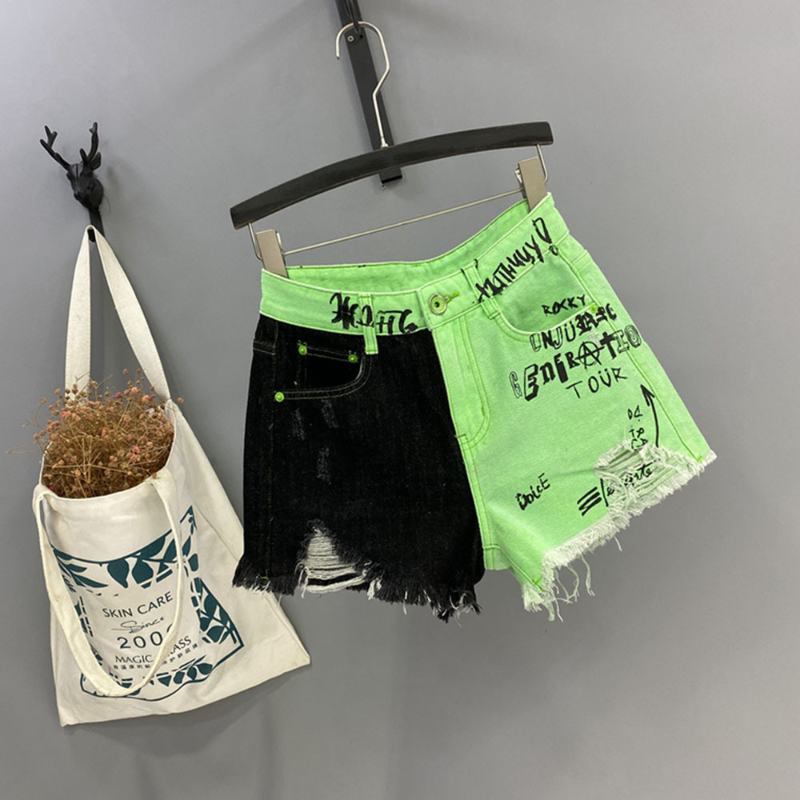 Women Graffiti Harajuku Streetwear Cargo High Waist Ripped Jeans Shorts Fairy Grunge Wide Leg Denim Short Pants