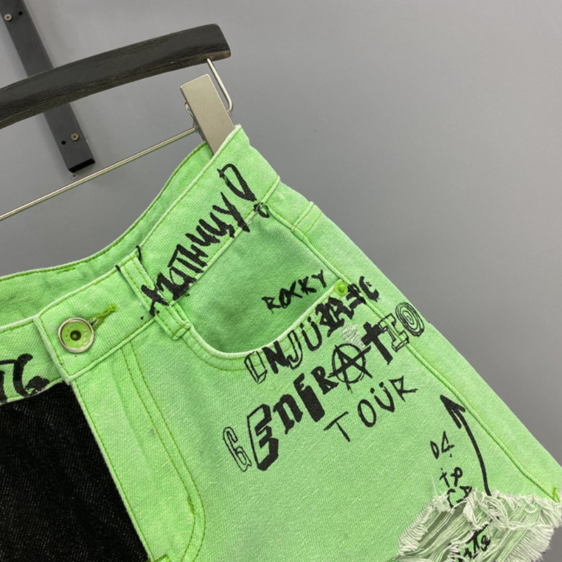 Women Graffiti Harajuku Streetwear Cargo High Waist Ripped Jeans Shorts Fairy Grunge Wide Leg Denim Short Pants