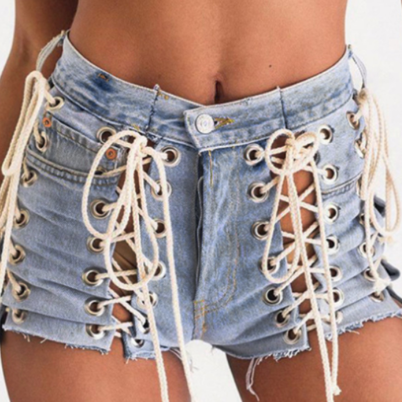 1pcWomen Jeans Cut Off Holes Denim Shorts Sexy Cross-Tying Shorts Low Waist Ladies Skinny Jeans Summer Shorts