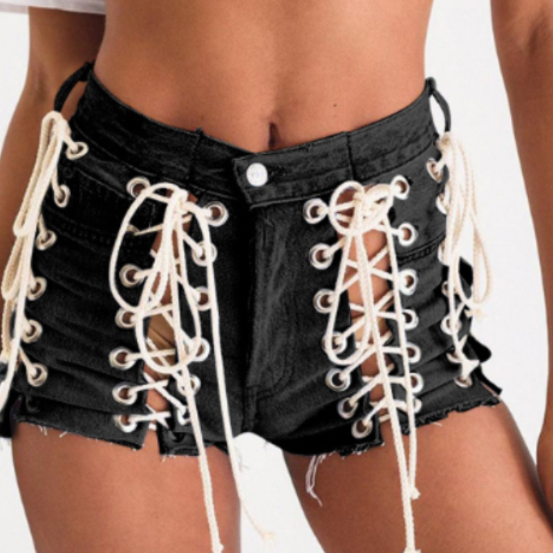 1pcWomen Jeans Cut Off Holes Denim Shorts Sexy Cross-Tying Shorts Low Waist Ladies Skinny Jeans Summer Shorts