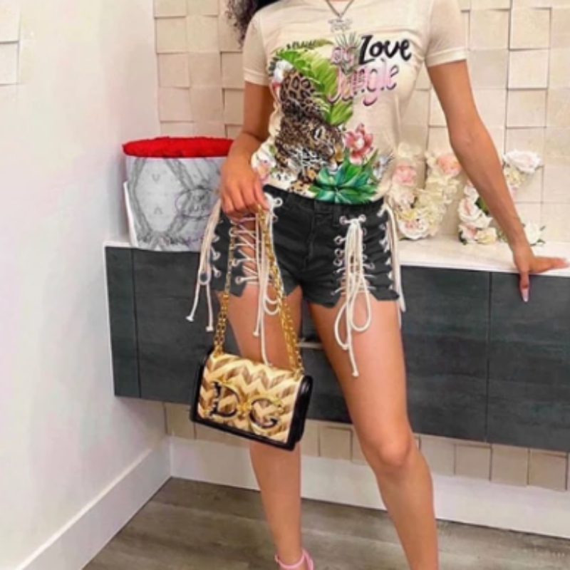 1pcWomen Jeans Cut Off Holes Denim Shorts Sexy Cross-Tying Shorts Low Waist Ladies Skinny Jeans Summer Shorts