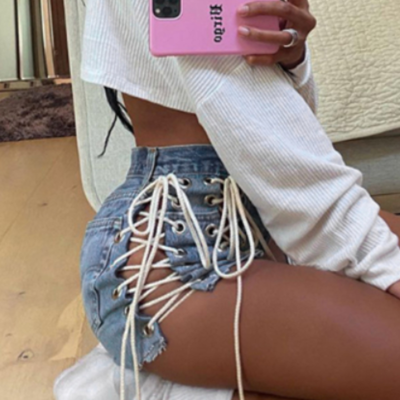 1pcWomen Jeans Cut Off Holes Denim Shorts Sexy Cross-Tying Shorts Low Waist Ladies Skinny Jeans Summer Shorts