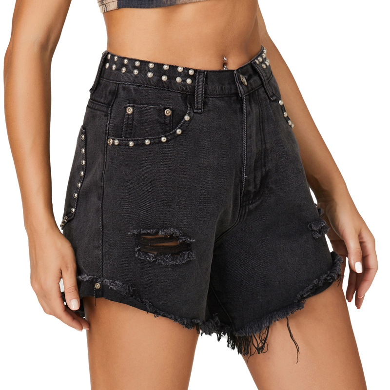Shorts Jeans Women HIgh Waist Ladies Fashion Summer Black Denim Shorts With Ripped Hole Rivet European And American Style