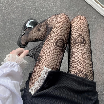 2Pairs Women White heart Fishnet Lace Pantyhose Gothic Punk Harajuku Heart Dot Jacquard Patterned Sheer Tights Mesh Stockings