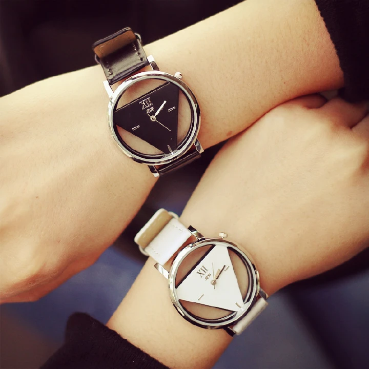 High Quality Watches Unique Hollowed-out Triangular Dial Black Fashion Wrist Watch  Women Quartz Watches Simple Novelty and Individualism Creative Wrist Watch Couple Watches Clock For Lovers
