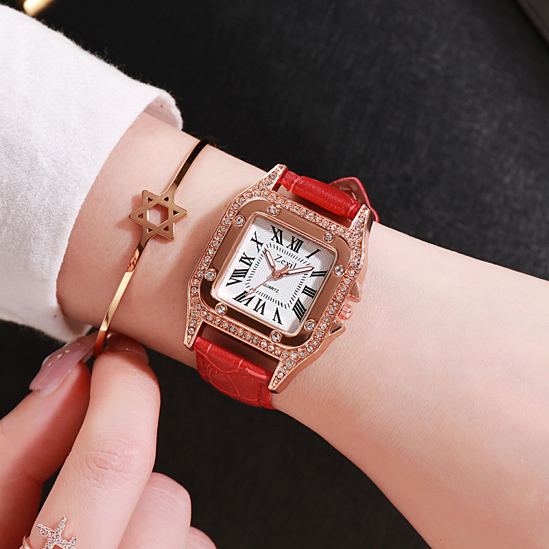 Women Diamond Watch Starry Square Dial Bracelet Watches Set Ladies Leather Band Quartz Wristwatch Female Clock Jewelry Gifts With Rhinestone Valentines Gift Couple Watches