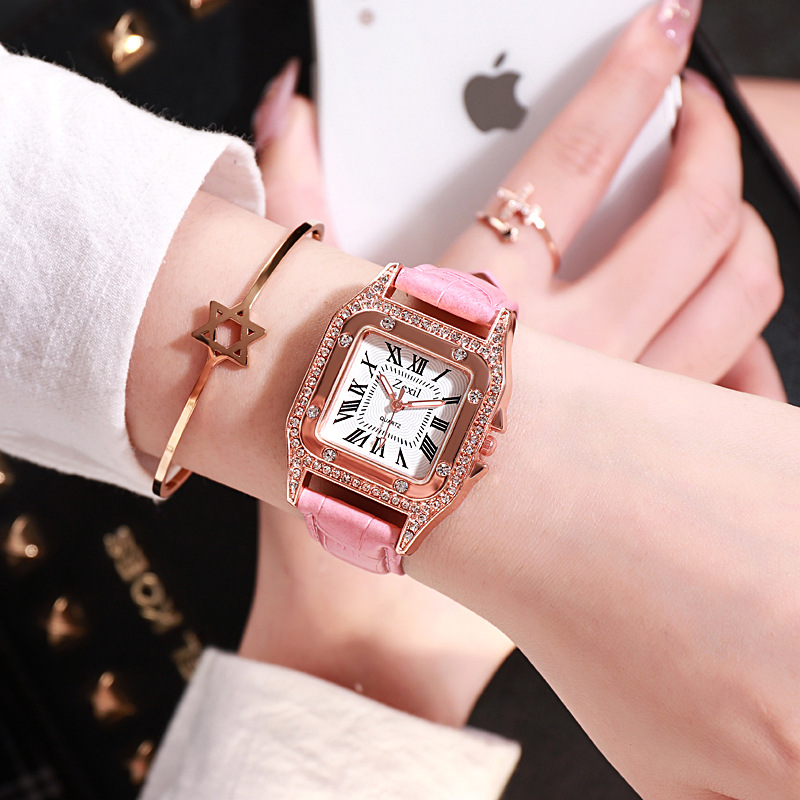 Women Diamond Watch Starry Square Dial Bracelet Watches Set Ladies Leather Band Quartz Wristwatch Female Clock Jewelry Gifts With Rhinestone Valentines Gift Couple Watches