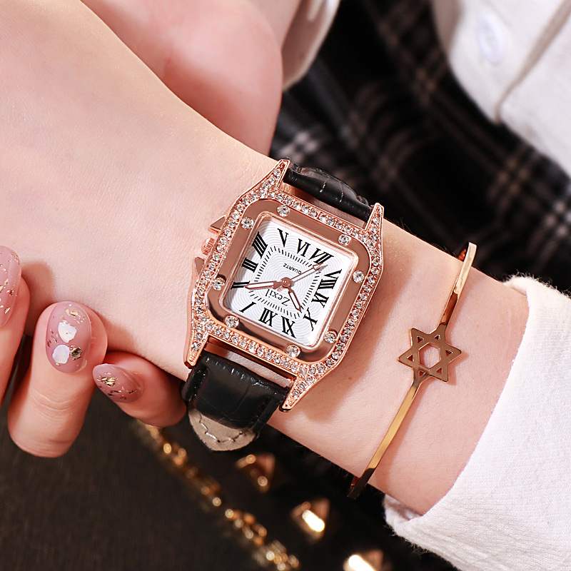 Women Diamond Watch Starry Square Dial Bracelet Watches Set Ladies Leather Band Quartz Wristwatch Female Clock Jewelry Gifts With Rhinestone Valentines Gift Couple Watches