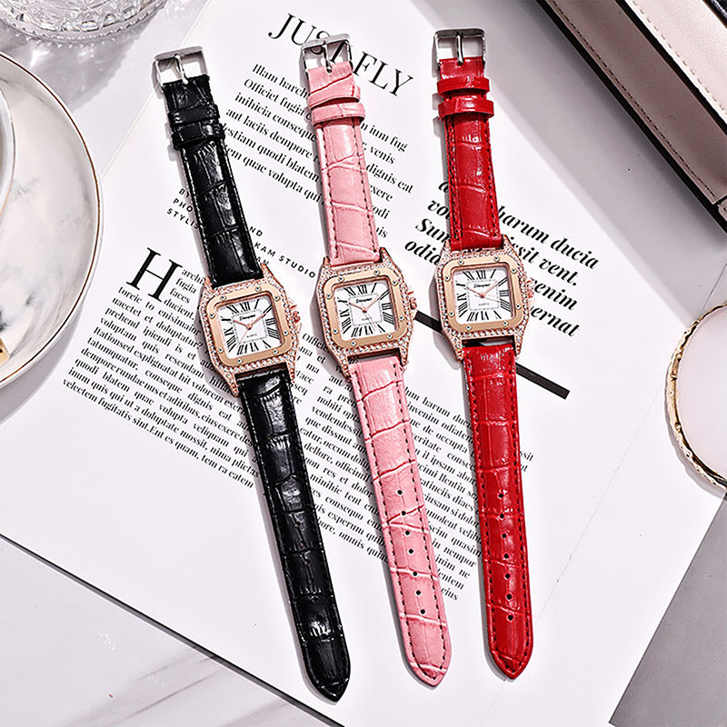 Women Diamond Watch Starry Square Dial Bracelet Watches Set Ladies Leather Band Quartz Wristwatch Female Clock Jewelry Gifts With Rhinestone Valentines Gift Couple Watches