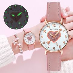 2023 New Ladies Watches Hearts Quartz Watch Back Light Watch Diamond-studded Luminous Casual Leather Belt Watches Simple Ladies Exquisite Small Dial Quartz Clock Dress Wristwatches Pink one size