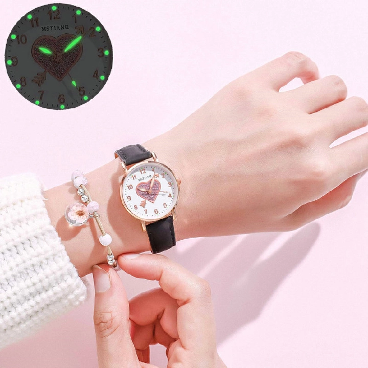 Ladies Watches Hearts Quartz Watch Back Light Watch Diamond-studded Luminous Casual Leather Belt Watches Simple Ladies Exquisite Small Dial Quartz Clock Dress Wristwatches Gift For lady