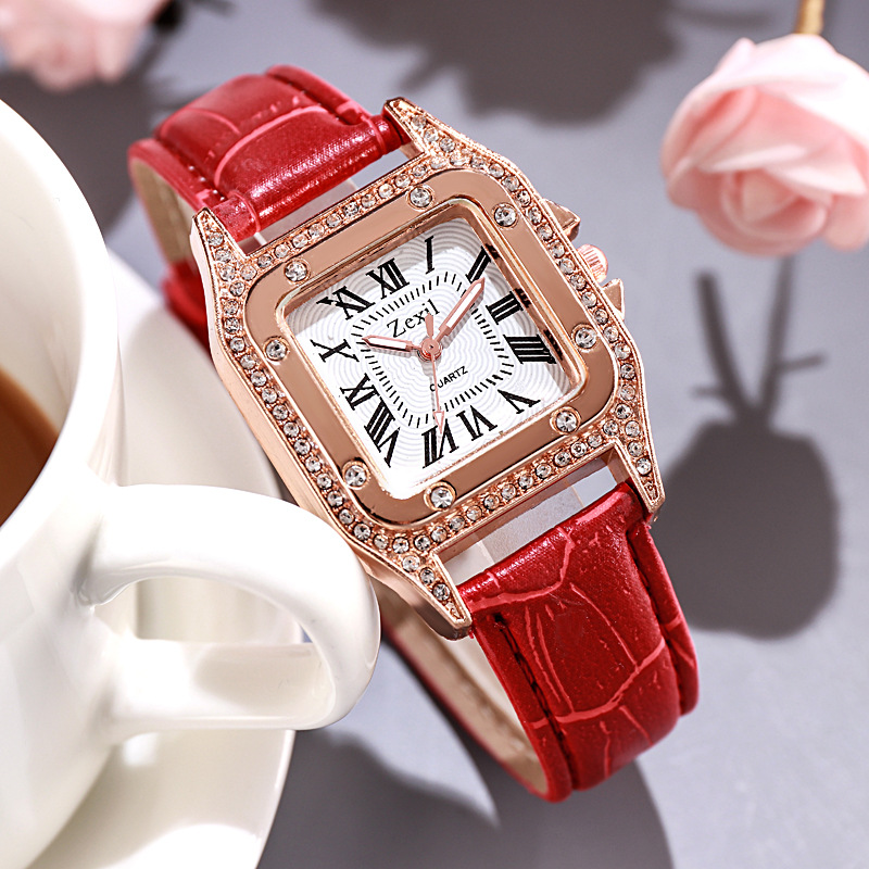 Women Diamond Watch Starry Square Dial Bracelet Watches Set Ladies Leather Band Quartz Wristwatch Female Clock Jewelry Gifts With Rhinestone Valentines Gift Couple Watches