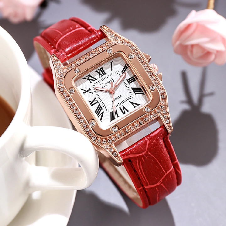 Women Diamond Watch Starry Square Dial Bracelet Watches Set Ladies Leather Band Quartz Wristwatch Female Clock Jewelry Gifts With Rhinestone Valentines Gift Couple Watches