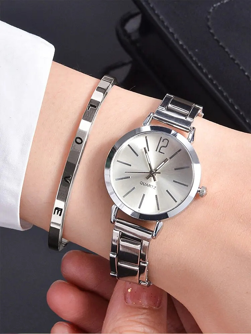 New Arrivals 2pcs Women's Quartz Watch+LOVE Bracelet Set Fashion Lady Wrist Watches Simple Digital Stainless Steel Band Watches Gift For Valentine's Day Silver (Watch+Bracelet)1 set