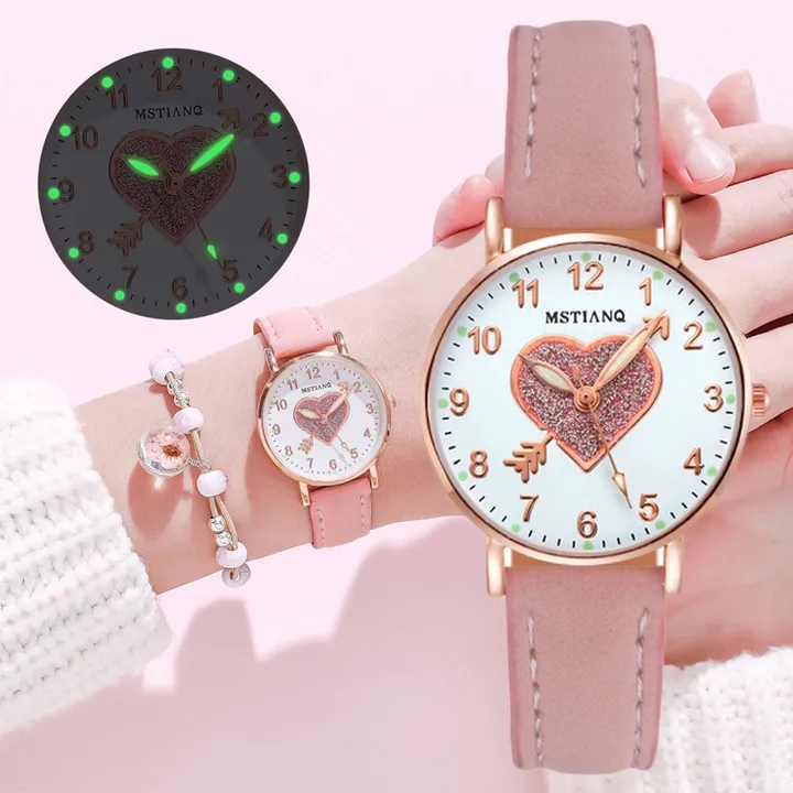 Ladies Watches Hearts Quartz Watch Back Light Watch Diamond-studded Luminous Casual Leather Belt Watches Simple Ladies Exquisite Small Dial Quartz Clock Dress Wristwatches Gift For lady