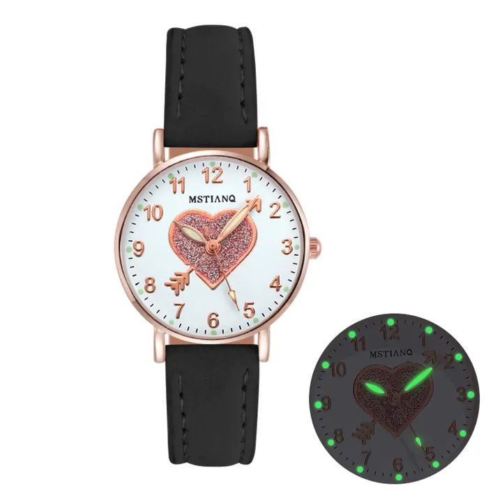 Ladies Watches Hearts Quartz Watch Back Light Watch Diamond-studded Luminous Casual Leather Belt Watches Simple Ladies Exquisite Small Dial Quartz Clock Dress Wristwatches Gift For lady Black,one size