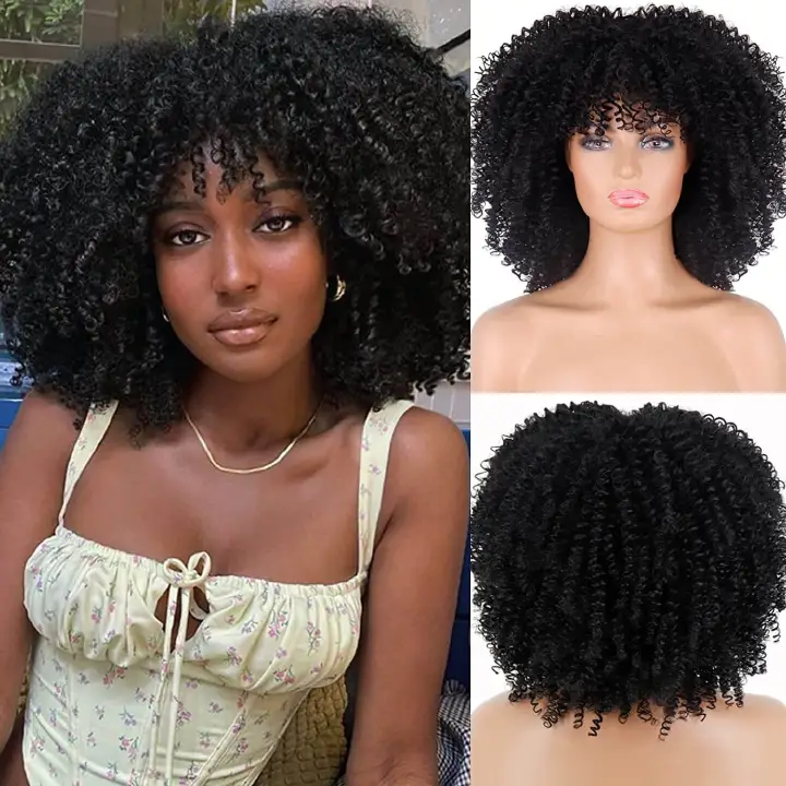 12Inch Curly Wigs for Black Women Black Afro Bomb Curly Wig with Bangs Synthetic Fiber Glueless Long Kinky Curly Hair With Fringe Bangs