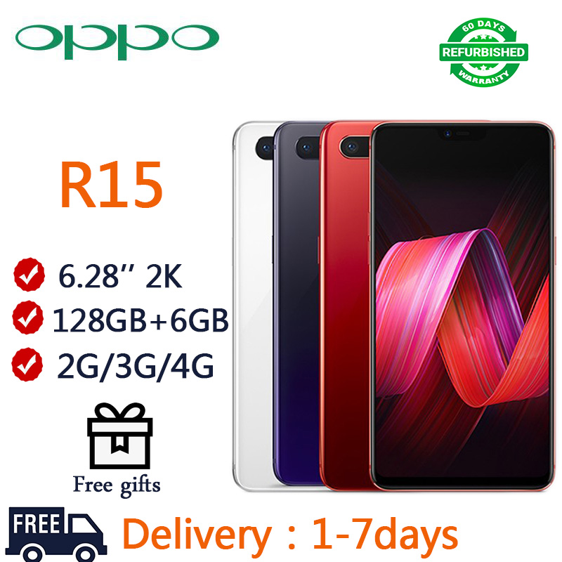 Refurbished OPPO R15 Full Screen 128GB+6GB 6.3inch  2G/3G/4G Network Dual SIM  3450mAh 16MP+20MP+5MP  Face Unlocking  Smart Phone