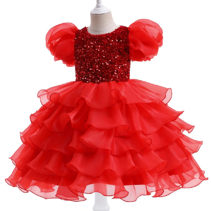 Flower Girl Dresses for Weddings Pink Sequin Birthday Party Princess Layered Dress Puff Sleeve Children Tulle Ball Gowns 110 120  130 140 150cm