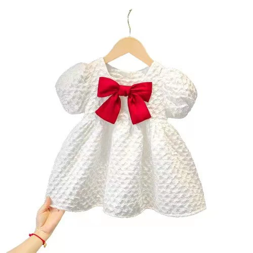 Bowknot Baby Girls Dresses Kids Summer Dresses Short Sleeve Newborn Baby O-neck Dress Summer Princess Dresses For Girls Casual