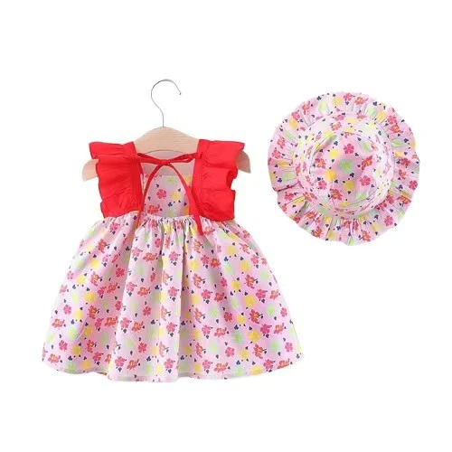 2pcs Summer Baby Girls Beach Princess Dress Cute Bow Flowers Sleeveless Cotton Toddler Dresses+Sunhat Newborn Clothing Set