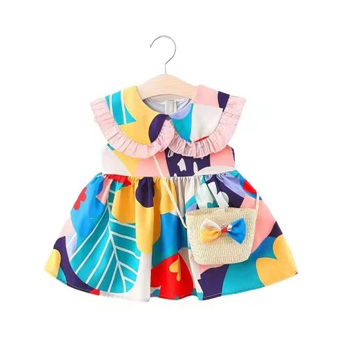 Summer Baby Girl Clothing Set Little Princess Dress Fashion Flowers Cotton Mesh Cute Dresses+Bag Newborn Clothes