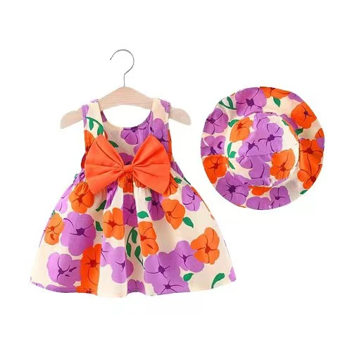 Summer Baby Clothes Toddler Girl Dresses Korean Cute Big Bow Flowers Beach Dress+Sunhat Newborn Clothing Se