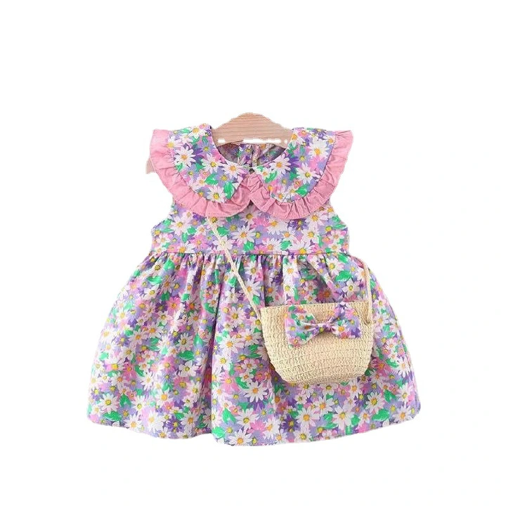 2Piece Summer Toddler Girl Dresses Cartoon Cute Casual Print Sleeveless Baby Princess Flowers Dress+Bag Newborn Clothes BC251