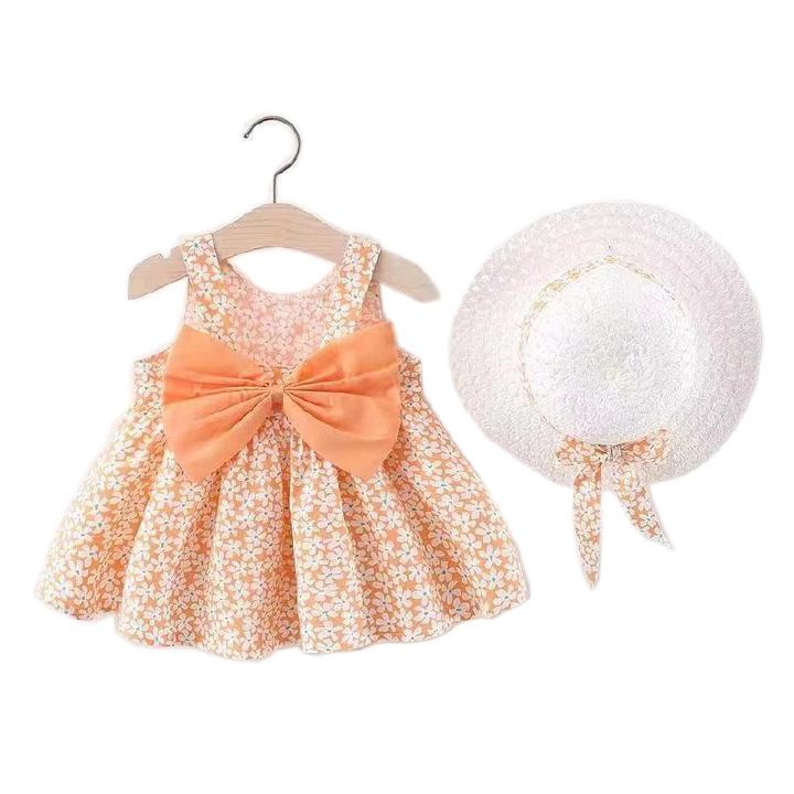 Summer Dresses Newborn Baby Girl Boutique Clothes Korean Casual Cute Bow Sleeveless Beach Princess Dress+Hat BC179