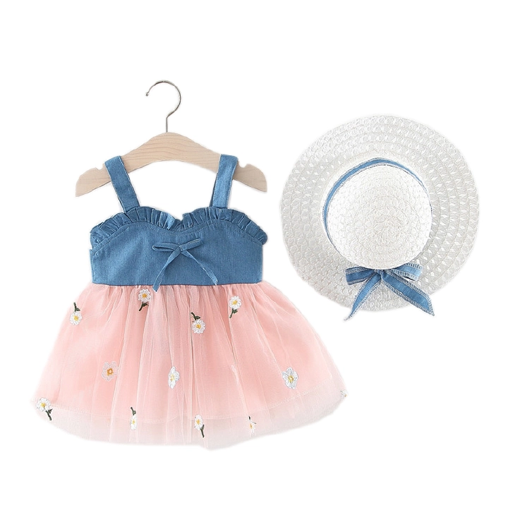 New summer girls denim sling mesh stitching dress Kids Clothing Princess Dress For Girls with hat