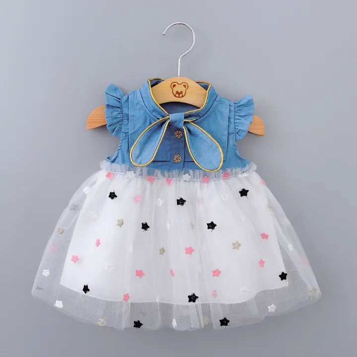 New summer girls Denim flying sleeve dress princess pentagram mesh cute Kids Clothing Princess Dress For Girls