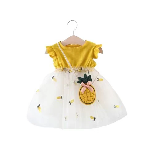 New summer Flying Sleeve Pineapple Solid Color Mesh Dress Splicing Princess  dress Kids Clothing Princess Dress For Girls