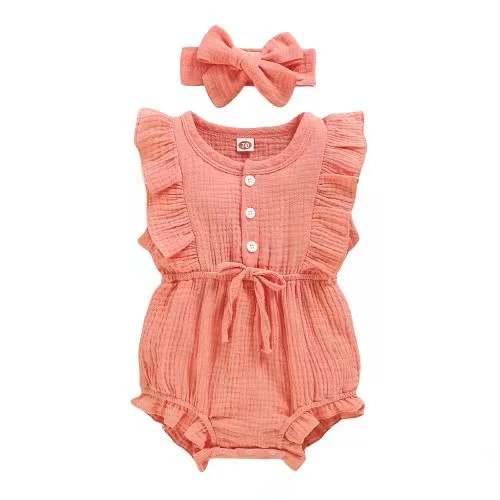 Summer Baby Girls Romper + Headband Cotton Linen Ruffles Sleeveless Infant Rompers Newborn Clothes