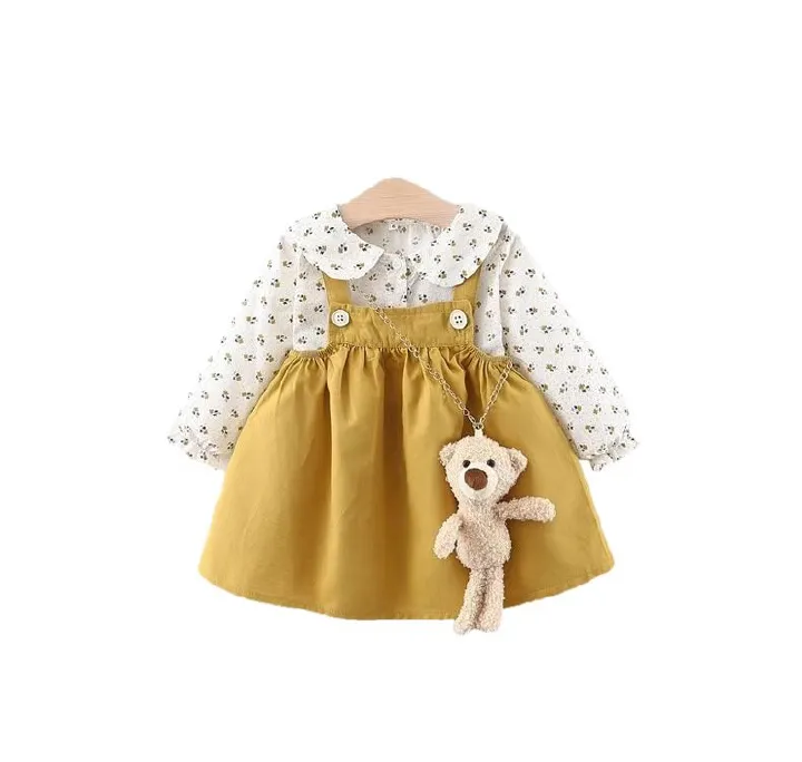 Autumn Baby Girls Clothes Outfits Toddler Princess Flower T-Shirt+ Strap Dress Suits for Girls Clothing 1 Year Birthday Set