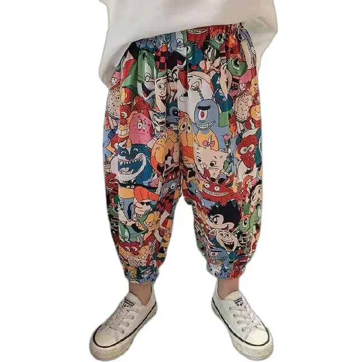 New Trend Little Girls Cartoon Full Printing Harem Trousers Thin Breathable Kids Sport Pants Baby Boys Cotton Mosquito Pant Cool