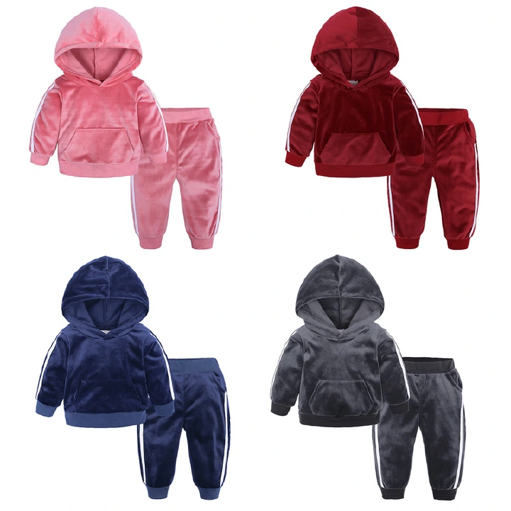 New Winter Children Clothing Baby Girls Clothes Set Velvet Solid Boys Clothes Hoodies Sweatshirt+Pants Tracksuit Suits For Kids