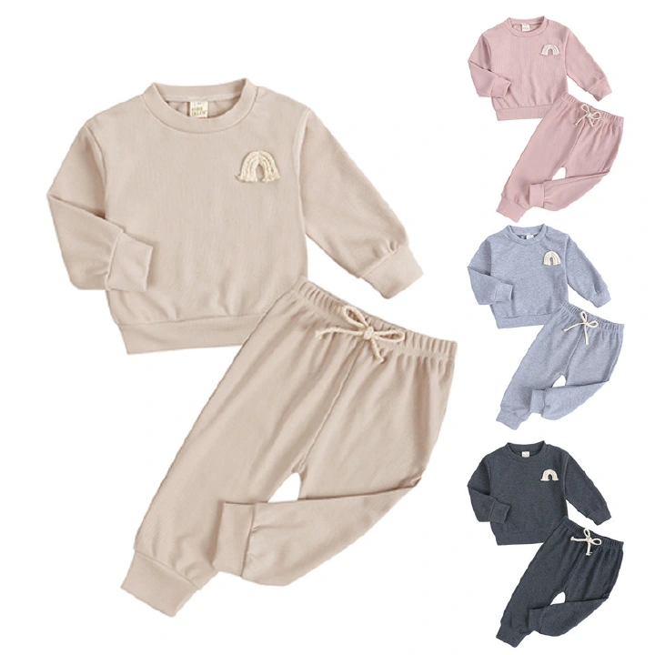 2 Pcs Baby Girls Boy Clothes Clothing Sets For Babies Clothes For Newborns Rainbow Embroidery O-Neck+Pants Outfit Set 6-24M
