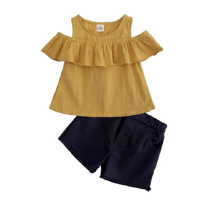 New Summer Girls Clothing Set Fashion Yellow Off-Shoulder Blouse +Shorts Suit 2PCS Baby Girls Clothes