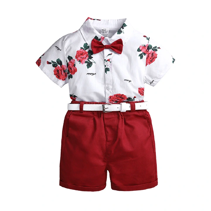 boys clothing sets summer gentleman suits short sleeve rose shirt+shorts+belt 3pcs kids clothes children set for 2-7 years
