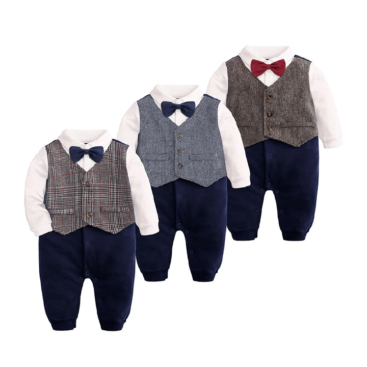Fashion Newborn Baby Boys Gentleman Formal Suit Romper Long Sleeve Jumpsuit Bow Tie Tuxedo Outfit Clothes for 0-24M