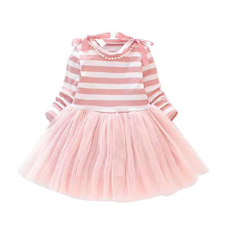 Kids Striped Knitted Mesh Dress for Girl Long Sleeves Spring Pearl TUTU Birthday Bowknot Clothing Autumn Winter Costume